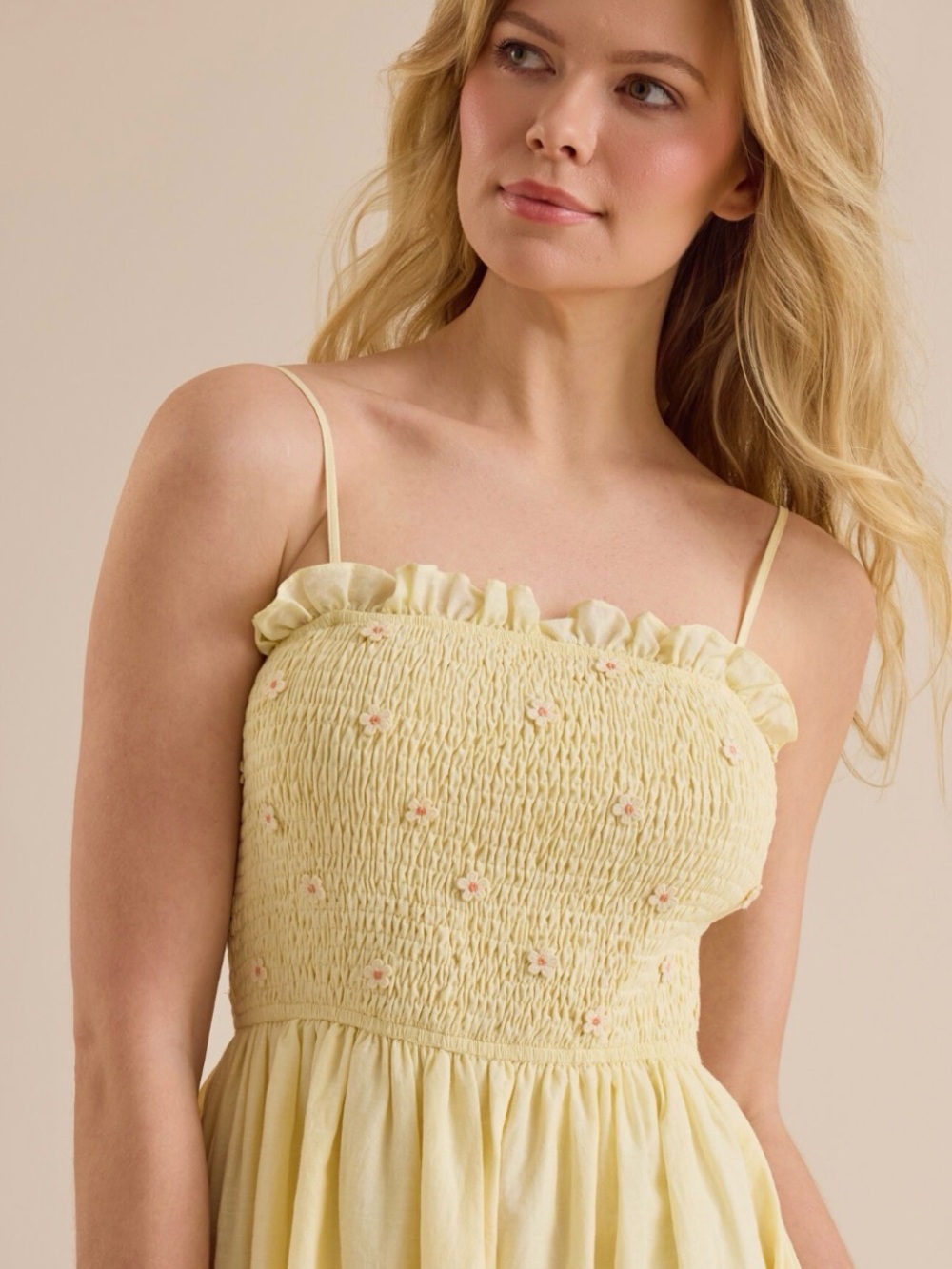 Altar'd State Pale Yellow Eyelet Smocked Midi Dress - Picture 2 of 6